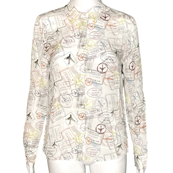 NWT Alice + Olivia Willa Travel Stamp Print Silk Long Sleeve Shirt - Sz S - Picture 3 of 9